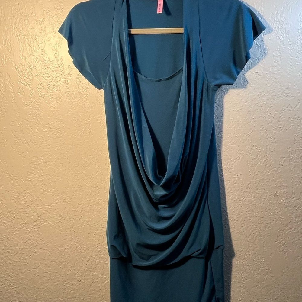 Elegant Teal Draped Cowl Neck Dress Y2K One Size Fits All